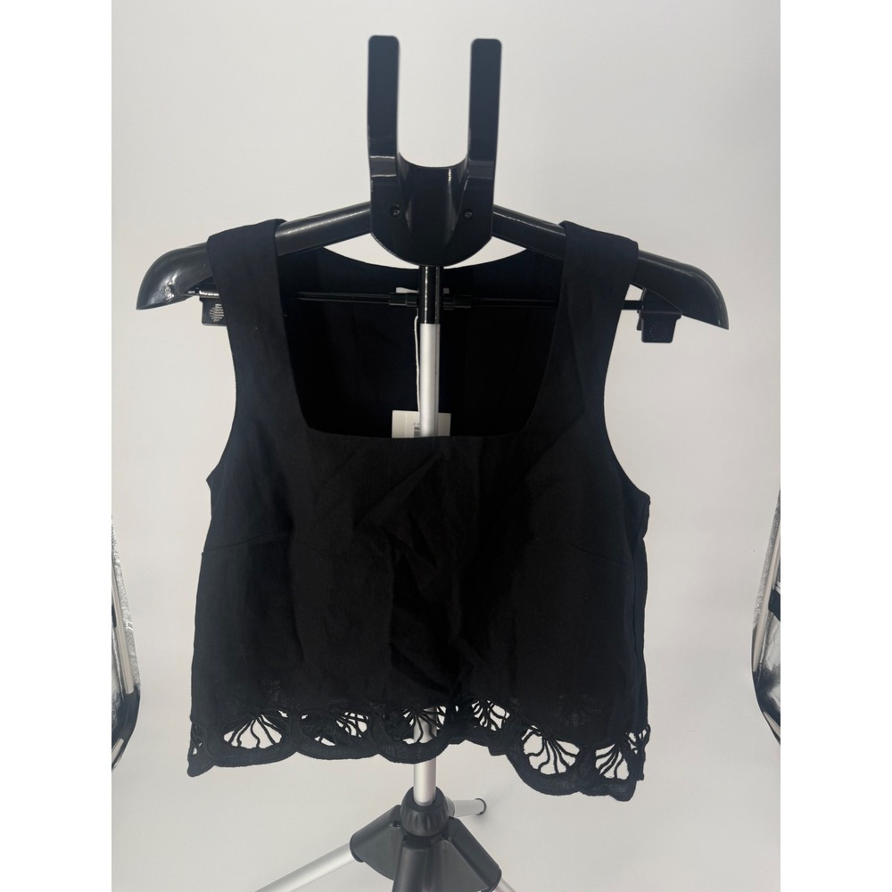 Z Supply Women XS Charlene Black Linen Blend Crop Top Embroidered Scallop NWT